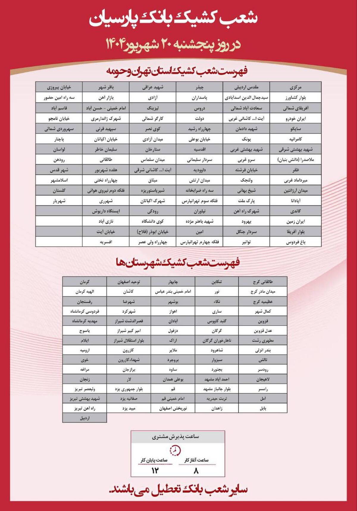  فهرست شعب کشیک بانک پارسیان در روز پنج‌شنبه مورخ ۲۰ شهریورماه