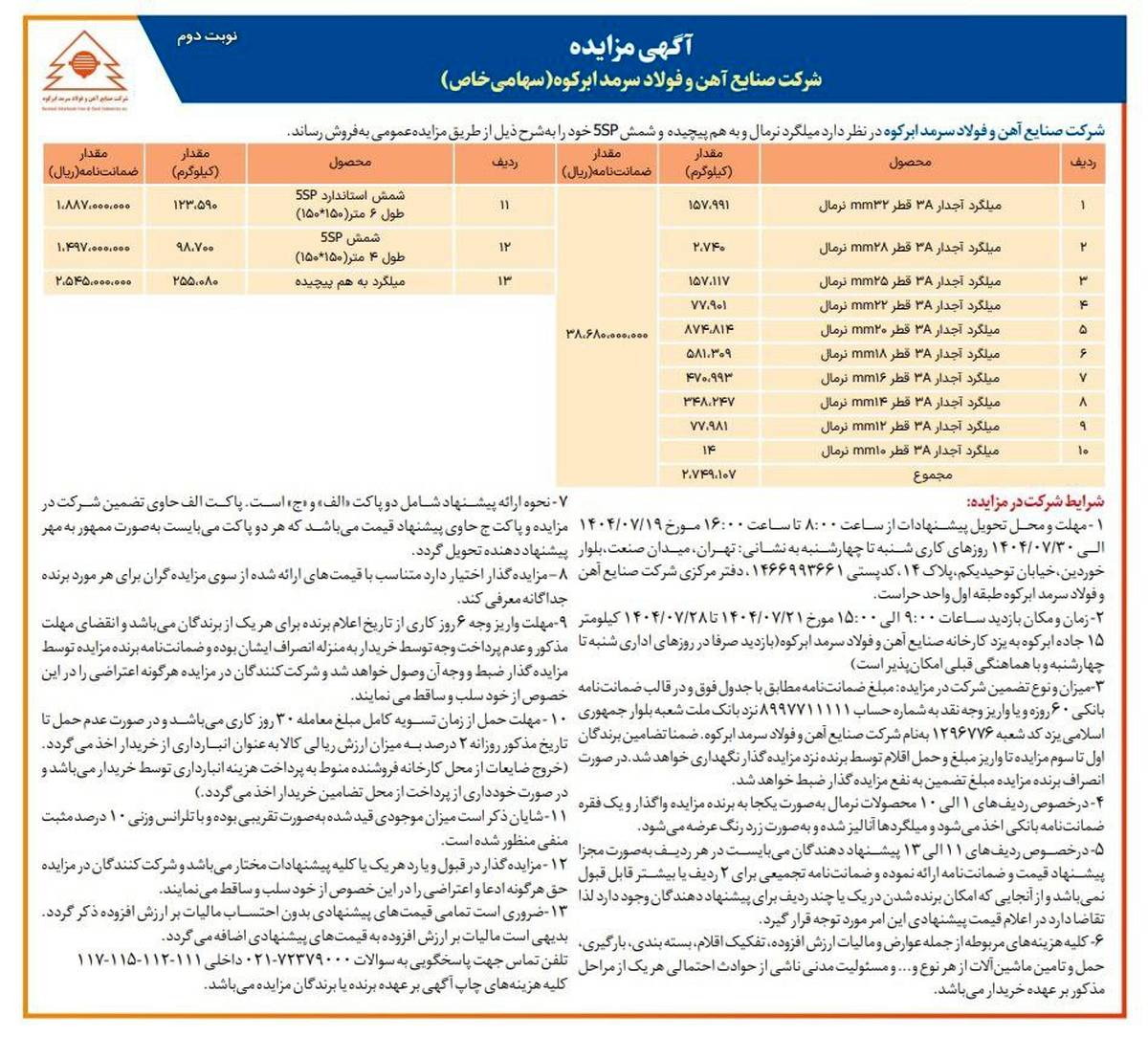  آگهی مزایده عمومی فولاد سرمد ابرکوه 