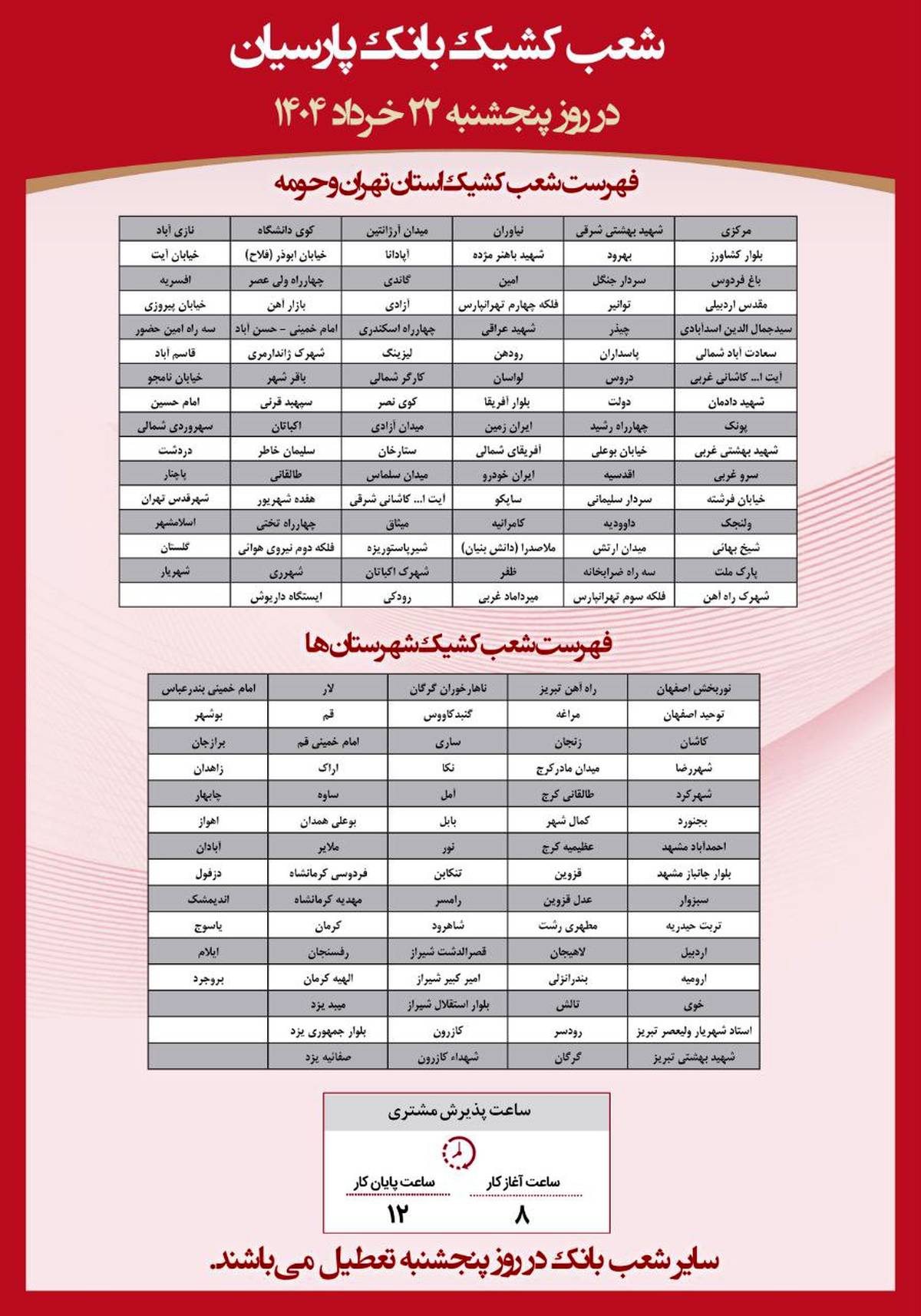  فهرست شعب کشیک بانک پارسیان در روز پنجشنبه مورخ ۲۲ خرداد‌