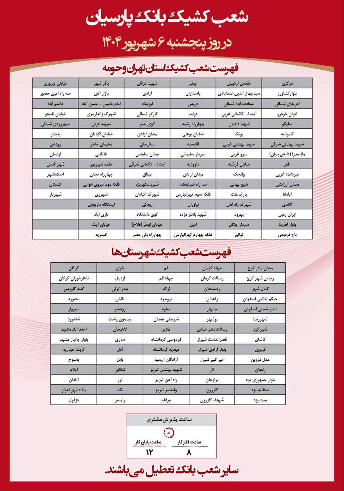  فهرست شعب کشیک بانک پارسیان در روز پنج‌شنبه مورخ ۶ شهریورماه