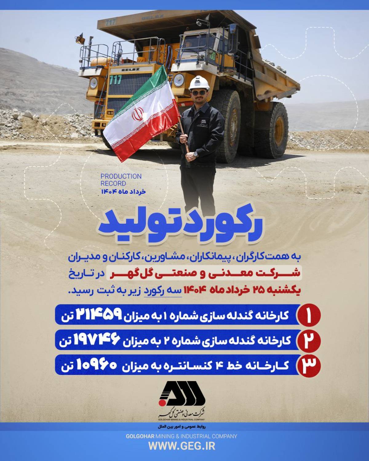 ثبت سه رکورد تولیدی بی‌سابقه در شرکت معدنی و صنعتی گل‌گهر