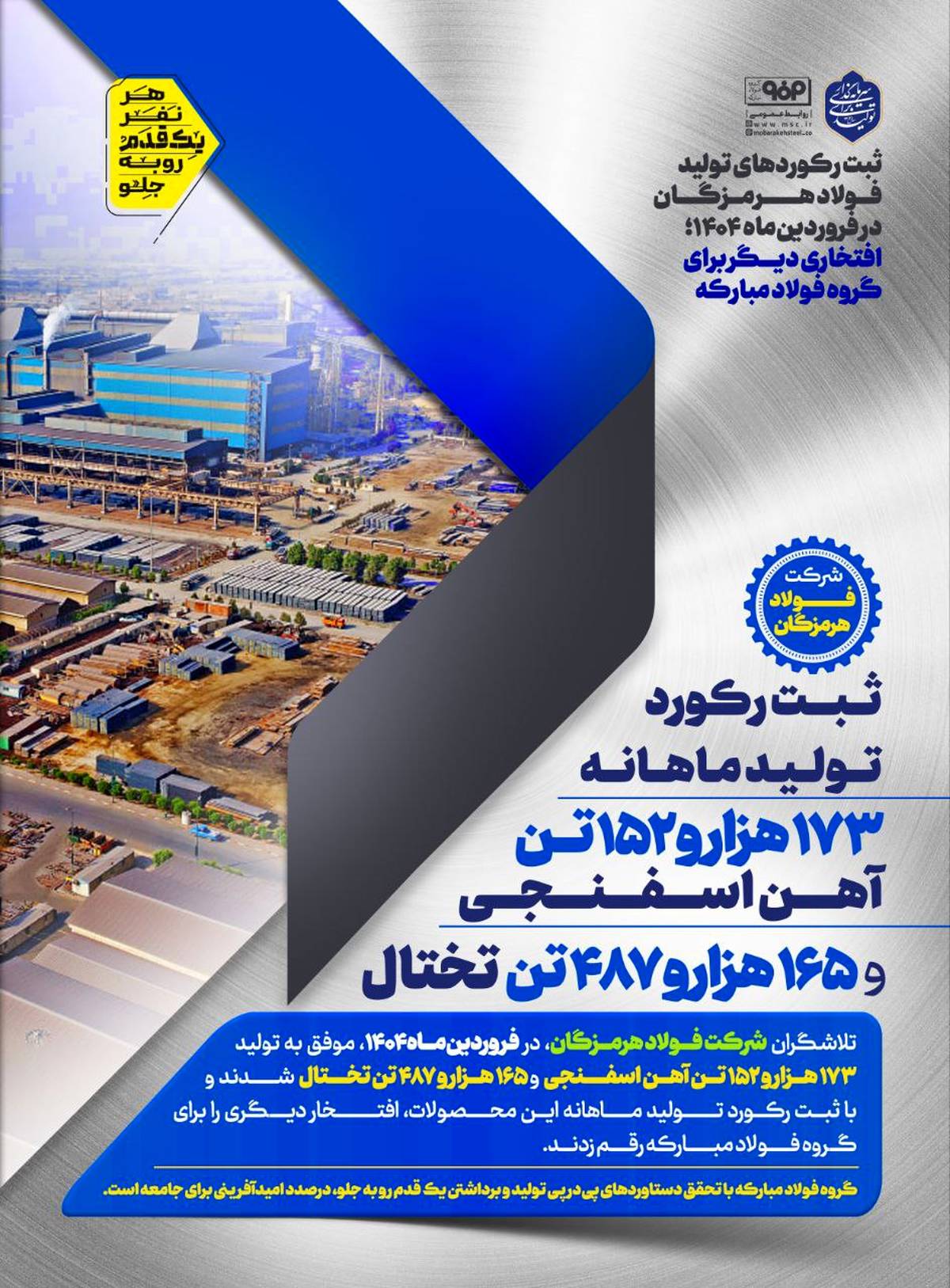 ثبت رکوردهای تولید فولاد هرمزگان در فروردین‌ماه؛ افتخاری دیگر برای گروه فولاد مبارکه