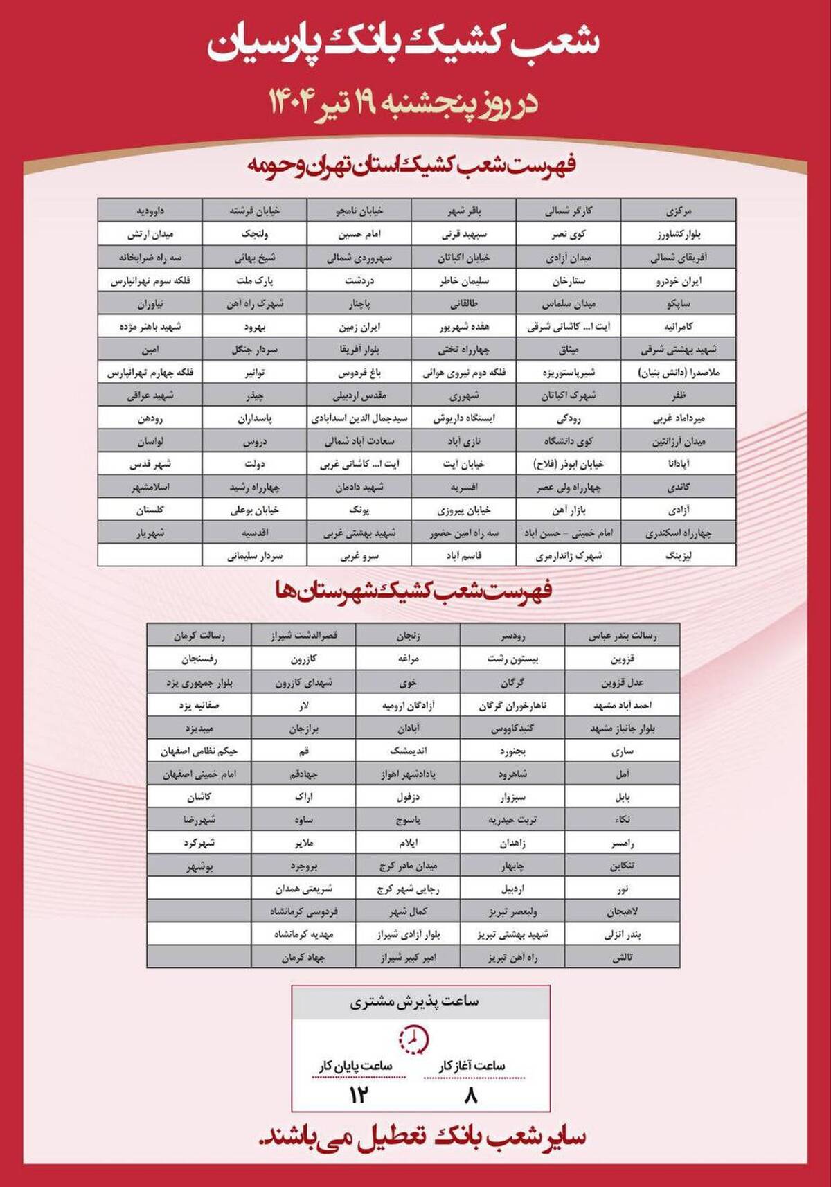 فهرست شعب کشیک بانک پارسیان در روز پنجشنبه مورخ ۱۹ تیرماه