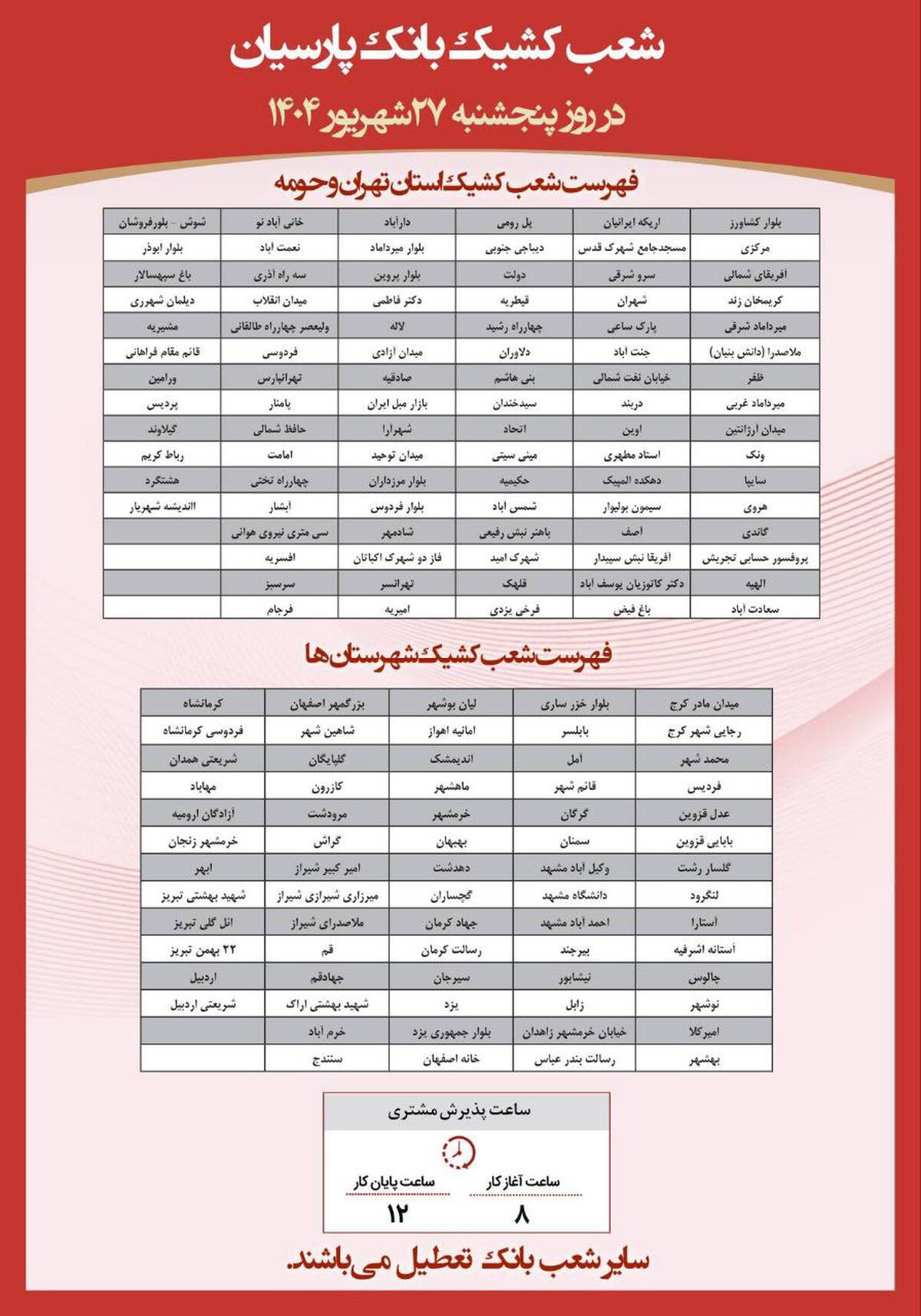  فهرست شعب کشیک بانک پارسیان در روز پنج‌شنبه مورخ ۲۷ شهریورماه