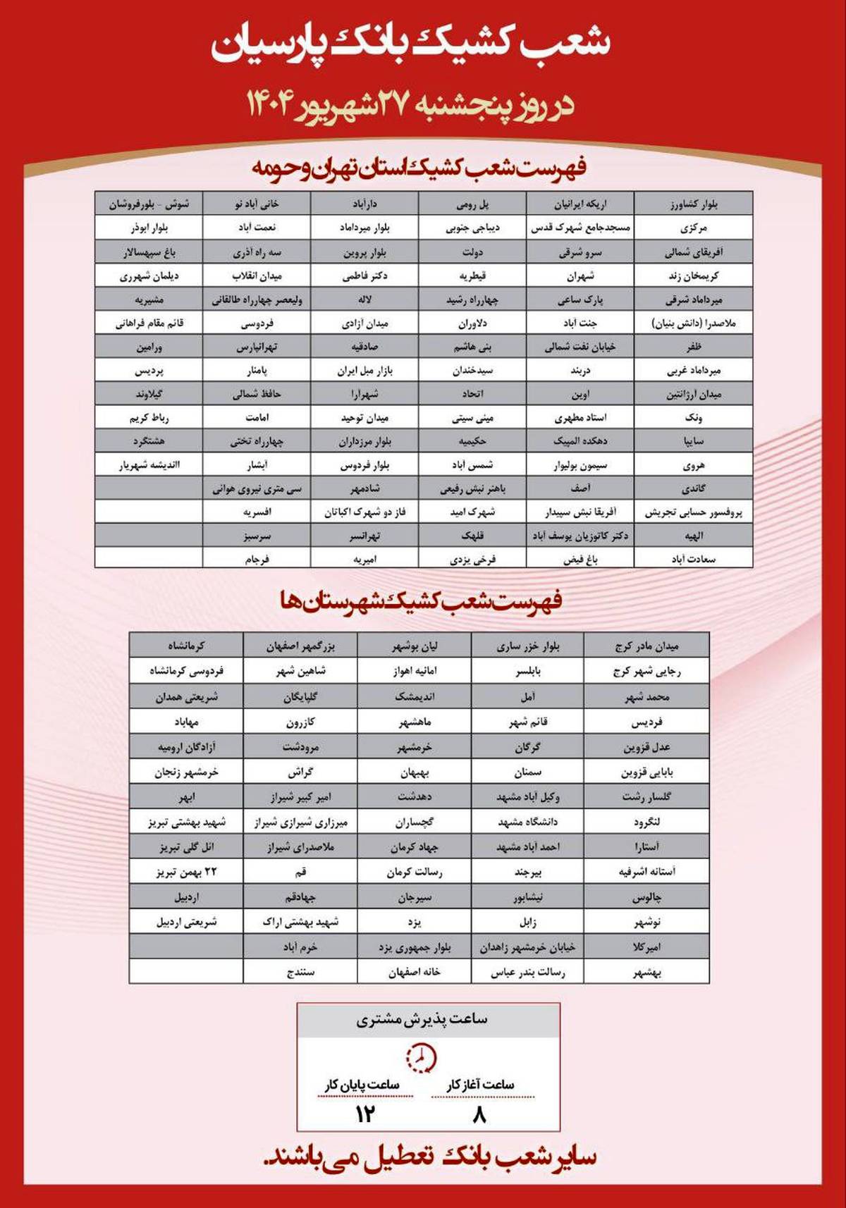 فهرست شعب کشیک بانک پارسیان در روز پنج‌شنبه مورخ ۲۷ شهریورماه