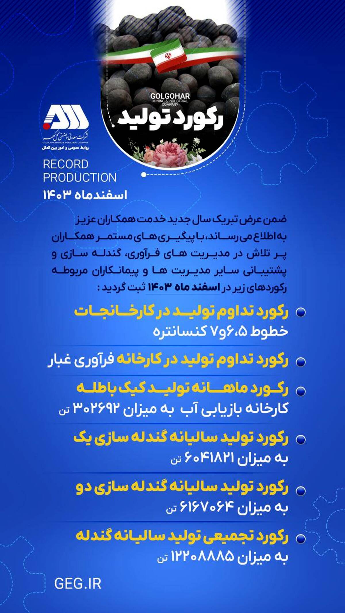 رکورد تولید در هفته اول ۱۴۰۴ در شرکت معدنی و صنعتی گل‌گهر
