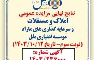 
صورتجلسه اعلام برندگان مزایده املاک مازاد موسسه اعتباری ملل (نوبت سوم) سال 1403