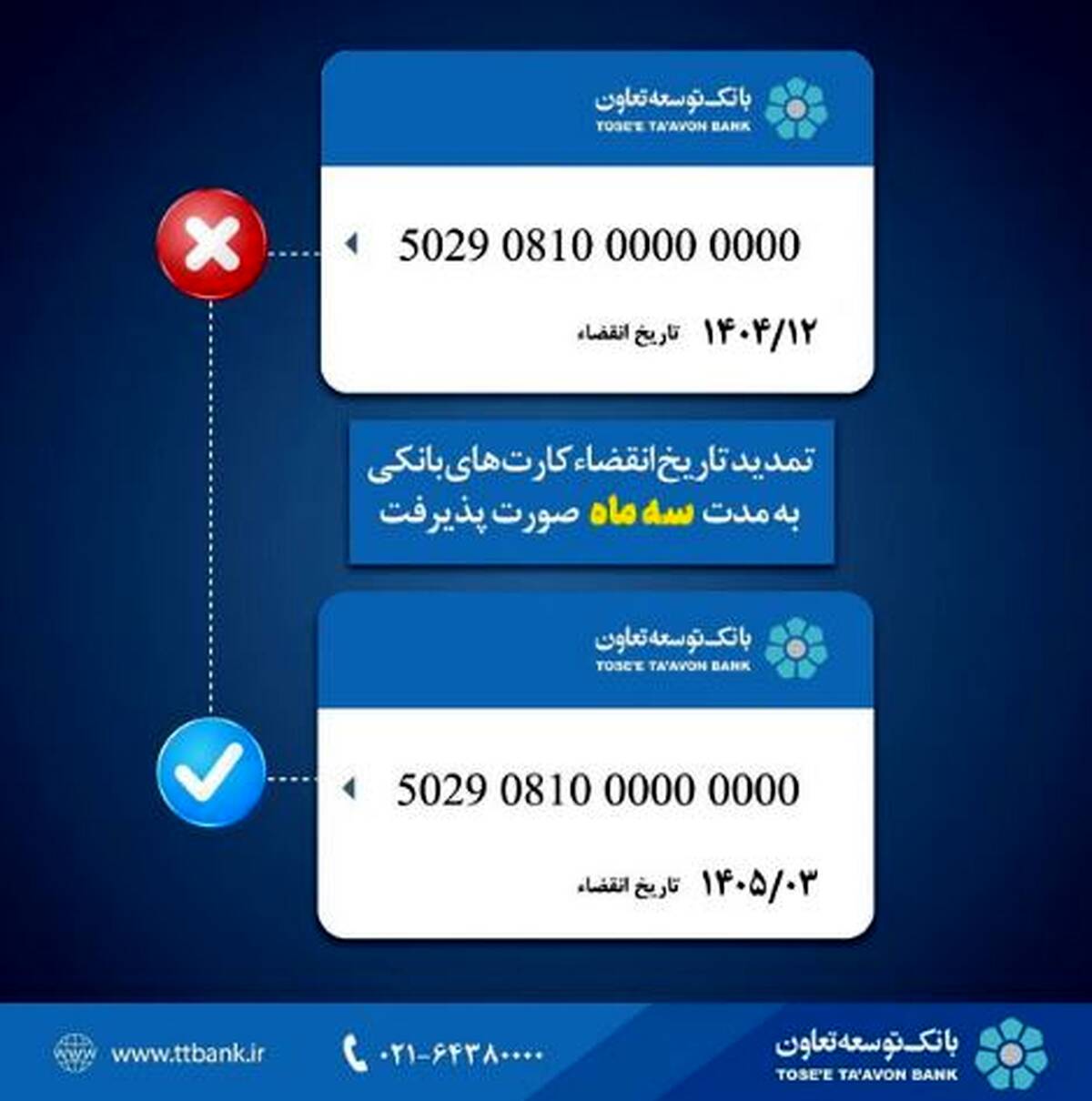 تمدید تاریخ انقضای کارت‌های بانک توسعه تعاون به مدت سه ماه
