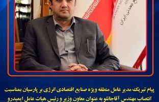 پیام تبریک مدیرعامل منطقه ویژه اقتصادی پارسیان به مناسبت انتصاب مهندس آقاجانلو بعنوان معاون وزیر و رئیس هیات عامل ایمیدرو